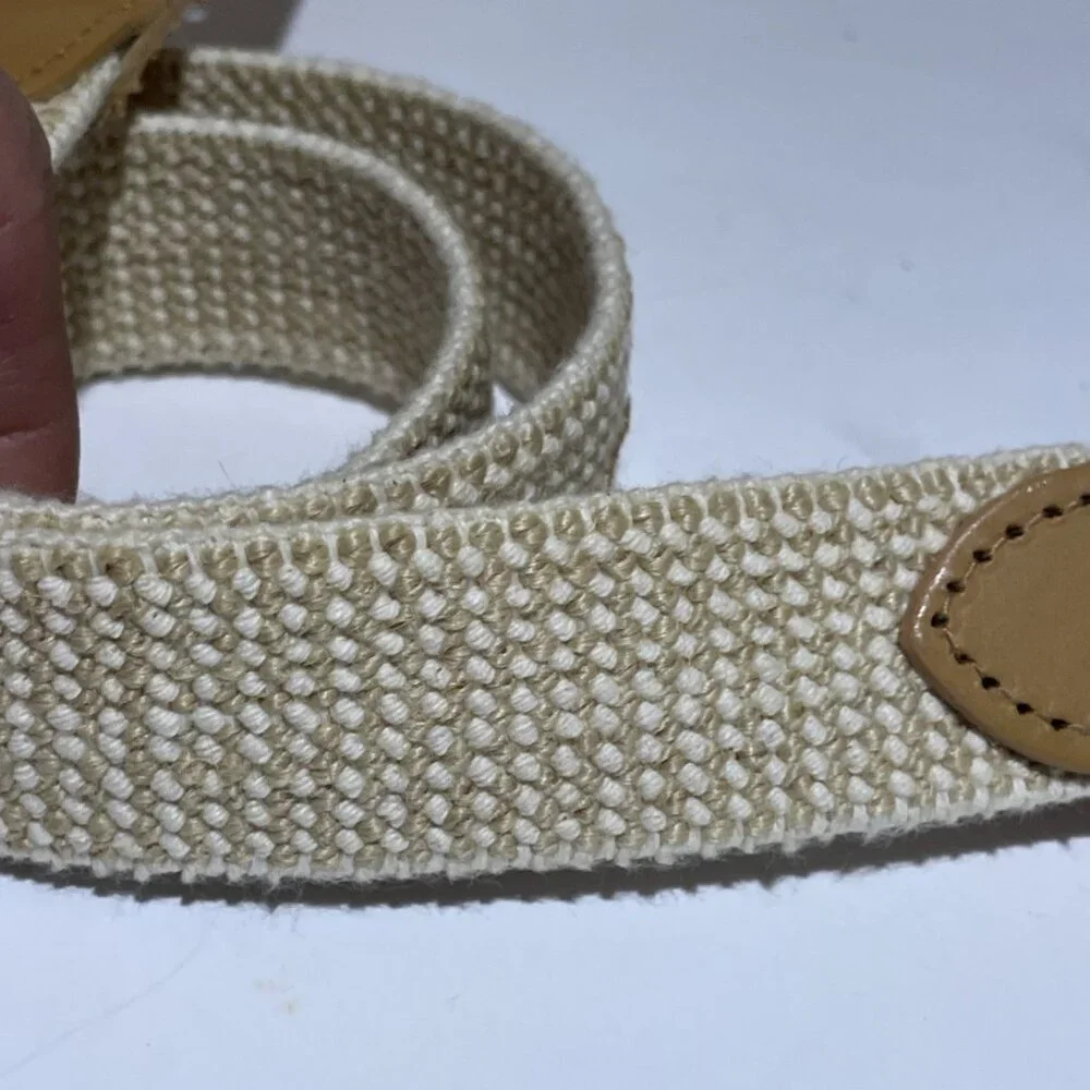 Vintage 90s Woven Stretch Belt Women's Size M Cream Genuine Leather Trim Preppy